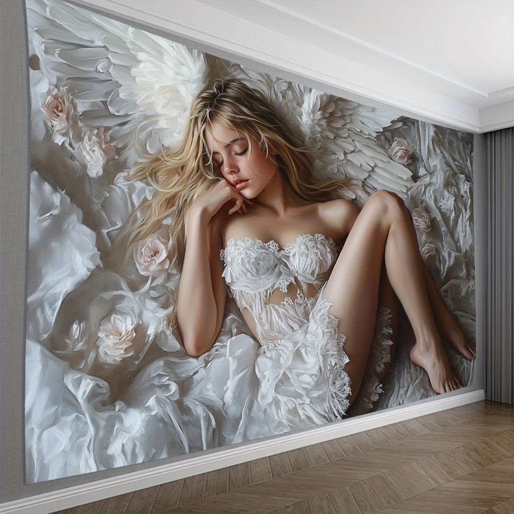 Engel-Wandteppich mit goldenem Haar und weißem Kleid, Wohnzimmer, Schlafzimmer, Büro, Dekor, Wandteppich, Party-Dekoration, 150 x 230 cm
