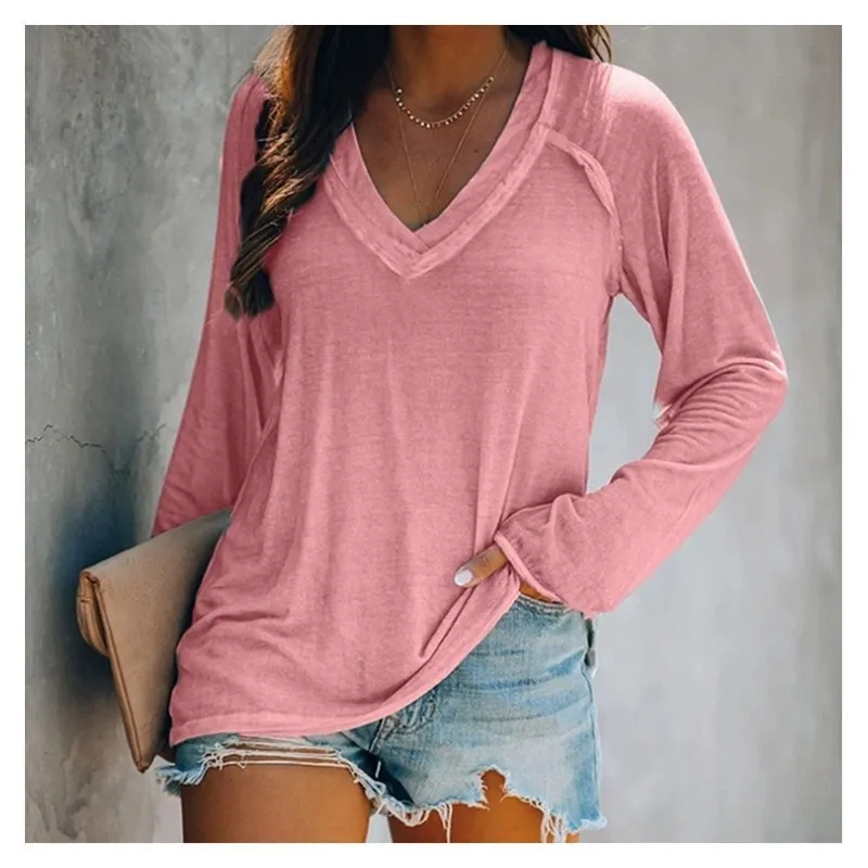 Solid color long sleeved V-neck patchwork casual oversized T-shirt top for women\'s clothing