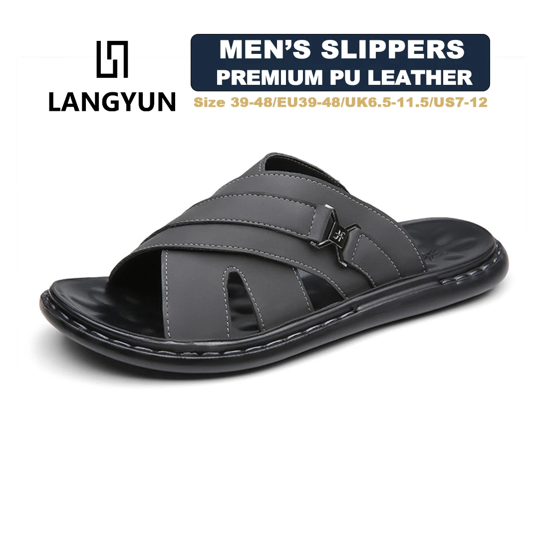

LANGYUN Men's Leather Cross Strap Slippers Non-Slip Casual Beach Sandals Size46 47 48