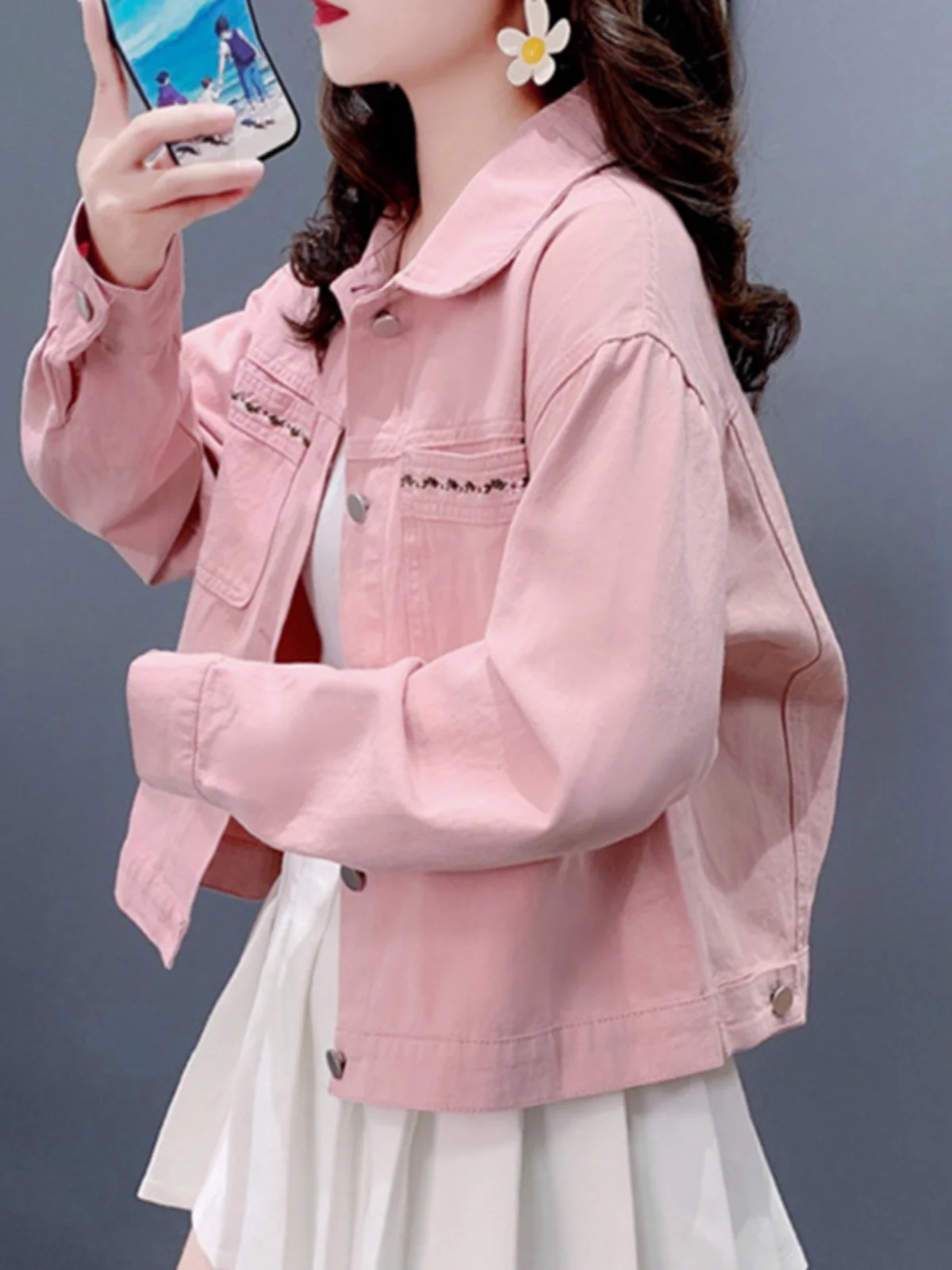 

Sweet Pink Embroidered Denim irt Jaet Women's Spring Autumn Faionable Casual Loose Fit Long Sve Button up Top