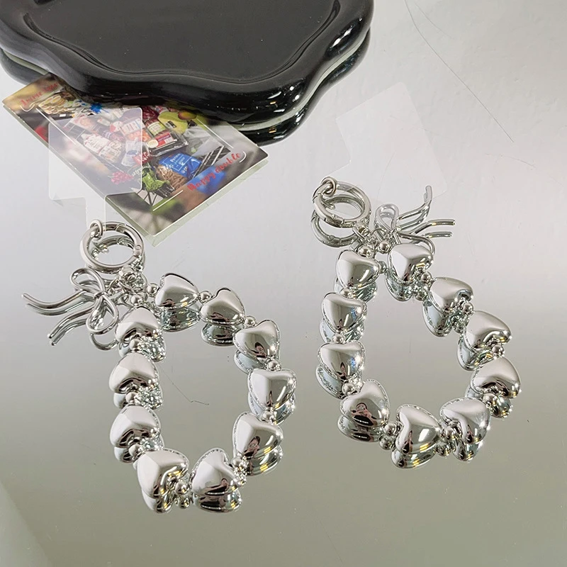 Fashion Love Heart Beaded Phone Lanyard Simple Silver Color Phone Chain Keyring Anti-Lost Phone Strap Wristband Camera Pendant