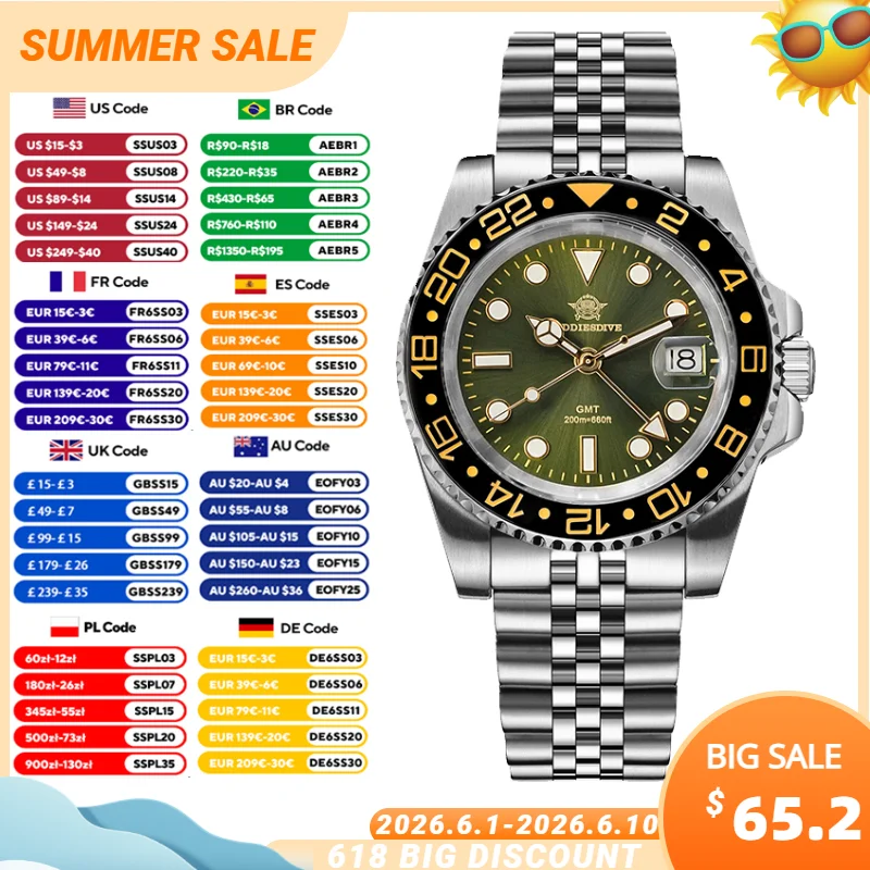 

ADDIESDIVE Men's Luxury GMT Watch 515-24H Quartz Wristwatch 200m Waterproof Ceramic Bezel Stainless Steel Super Luminous Watches
