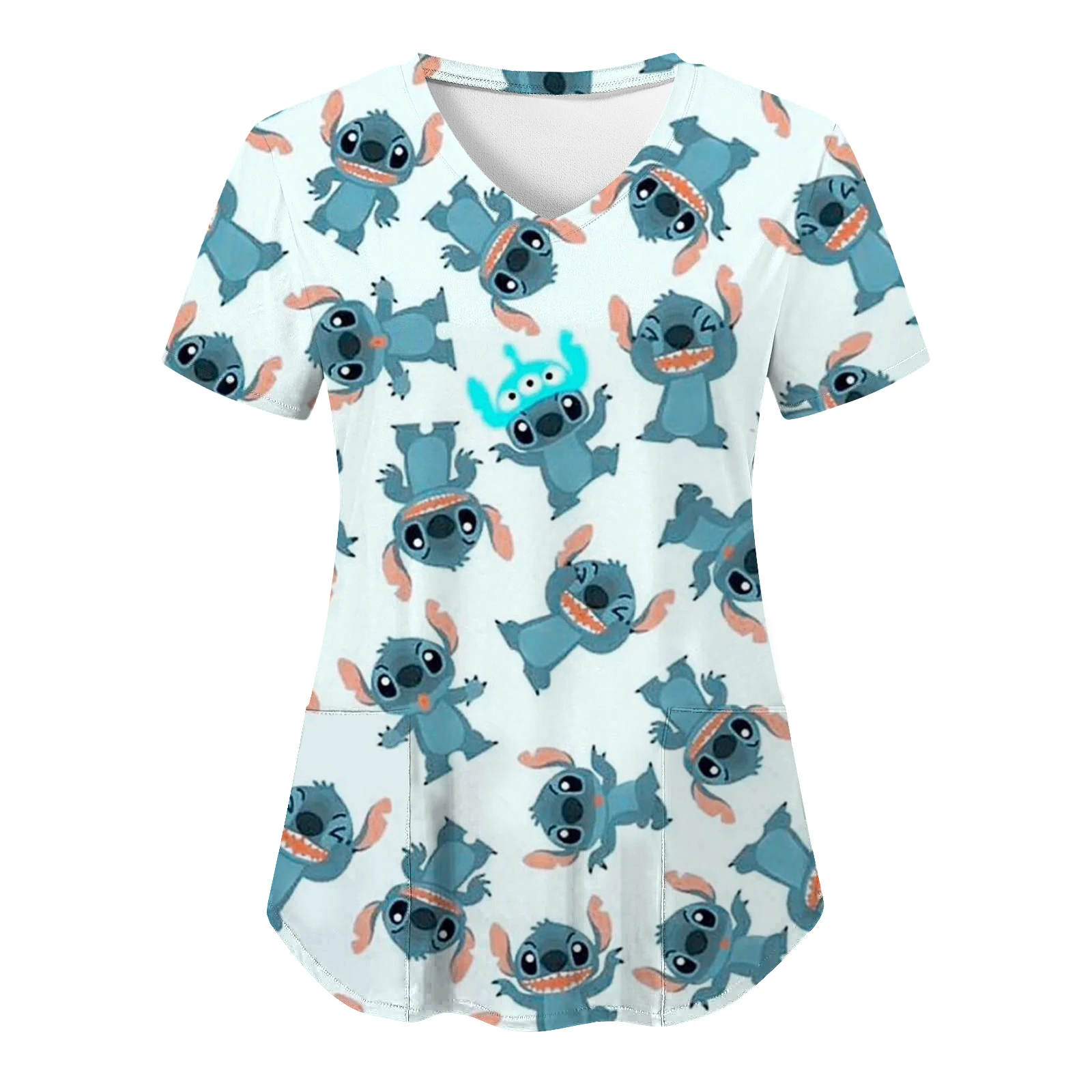 T-shirt d'uniforme d'infirmière de l'hôpital Disney Stitch pour femmes, haut à col en V Y, vêtements d'été pour femmes, t-shirts