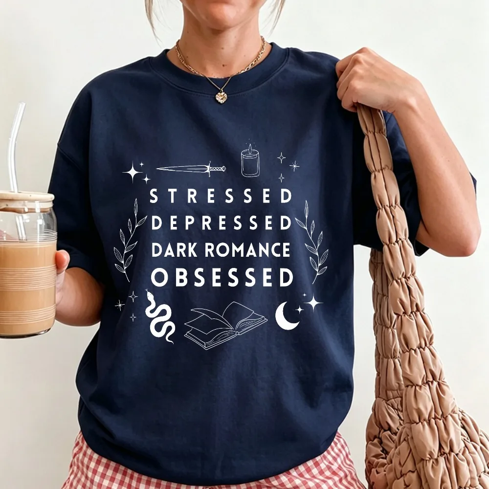 Minimal Stressed Depressed Dark Romance Print Tshirt Snake Moon Sword Book Graphic Short Sleeve Casual Reading Daily Wear Tee