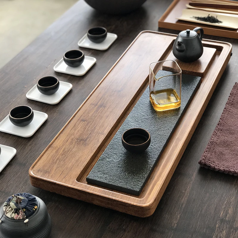 

Modern mat Bla Gold Stone Tea Tray Drainage Set Heavy Bamboo Tea Table Luxury Home Use Wood Tea Ocean