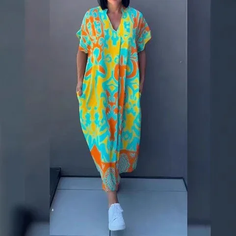 Boho Long Dress Elegant Women Summer 2025 Vneck Casual Floral Drawstring V-Neck Loose Holiday Beach Dresses Party Vestidos