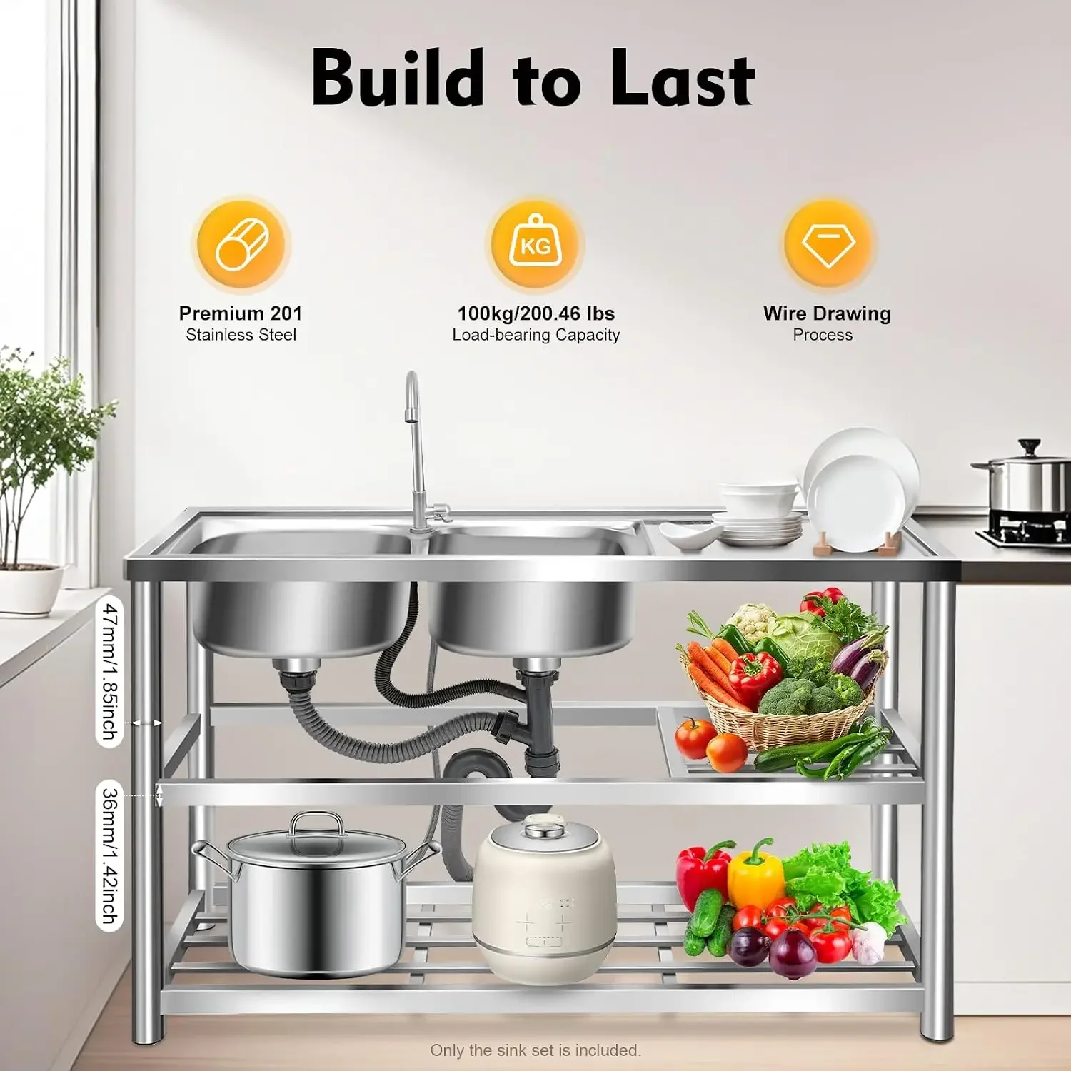 3 Tiers Freestanding Stainless Steel Sink, Double Bowl Commercial Restaurant Kitchen Sink Set Indoor Outdoor Kitchen Sink and Ca view 4