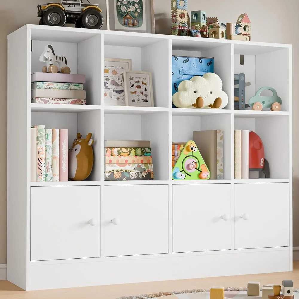 

White Wood Bookcase,12 Cube Storage Organizer Bookshelf with 4 Doors,3 Tier Storage Cabinet with Adjustable Shelves for Bedroom