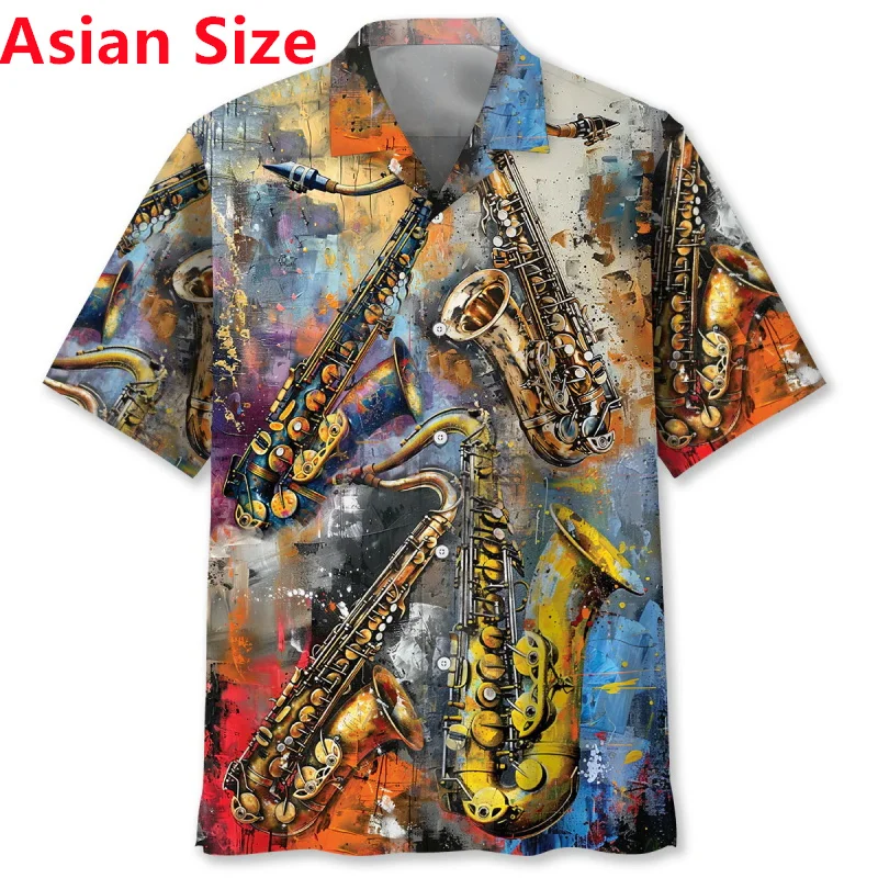 Musical Instruments Saxophone Printed Hawaiian Shirt For Men Short Sleeve Casual Button Beach Shirt Blouse Mens Vacation Shirt