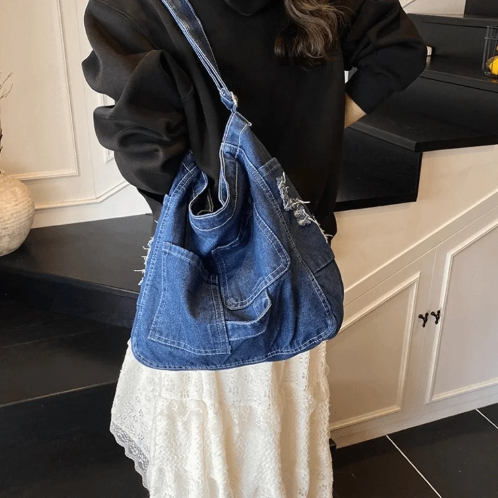 

Fashion Vintage Denim Shoulder Bag Versatile Cross Body Hobo Sling Bag Zipper Large Capacity Satchel Bags Unisex