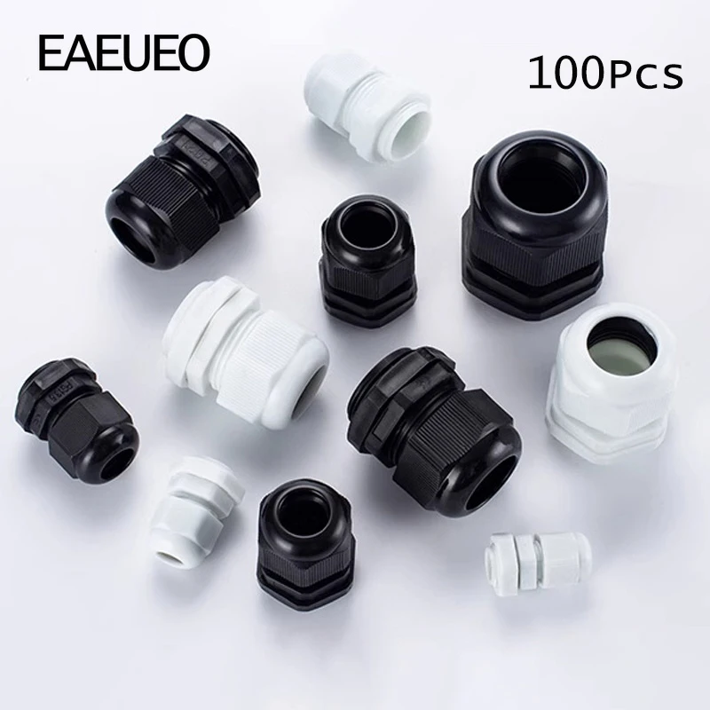 

100Pcs Waterproof Cable Gland Cable entry IP68 PG7 for 3-6.5mm PG9 PG11 PG13.5 PG16 PG19/21 White Black Nylon Plastic Connector