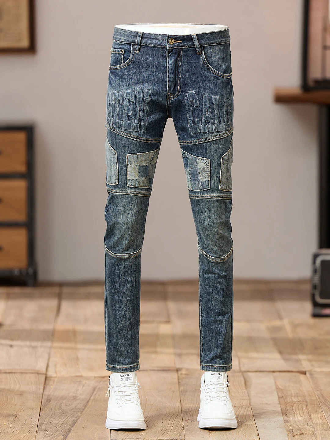 

High-End Embroidered Men's Jeans Slim Fit American Vintage Patchwork Autumn Winter Trendy Brand Motorcycle Long Pants