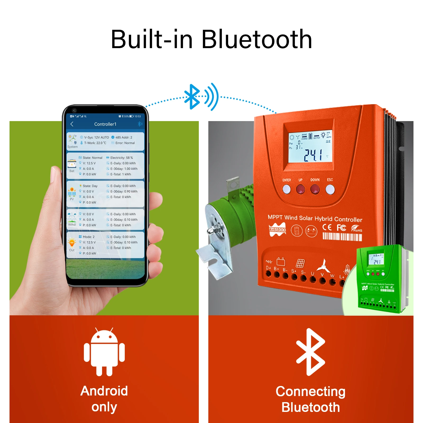 MPPT 3KW وحدة تحكم الرياح الشمسية الهجينة 12V24V48V مع بلوتوث، شاشة LCD، جميع البطارية تستخدم للألواح الشمسية أو مولد الرياح