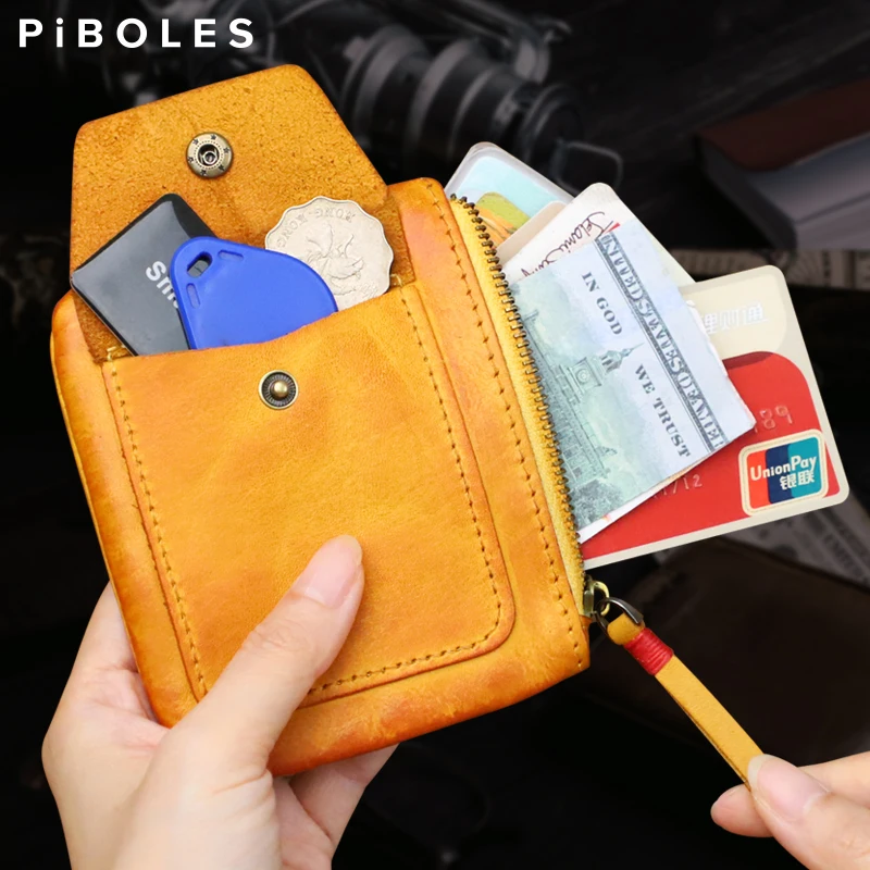 

Handmade Minimalist Leather Wallet Tan Leather Zipper Wallet Women Retro Key Holder Small Money Bag