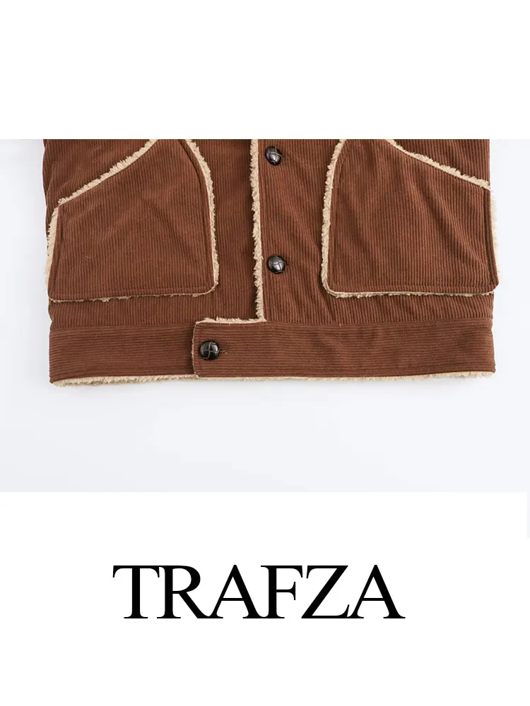 TRAFZA 2024 Donne di Inverno di Modo Più Cappotto di Velluto Gira-giù il Collare Cardigan Allentato Femminile Selvaggio Donna Velluto A Coste Cappotto Top