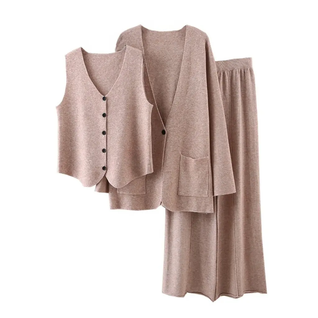 

Женский вязаный костюм-тройка в западном стиле, элитная модная куртка в ленивом стиле, широкие брюки, осень-зима