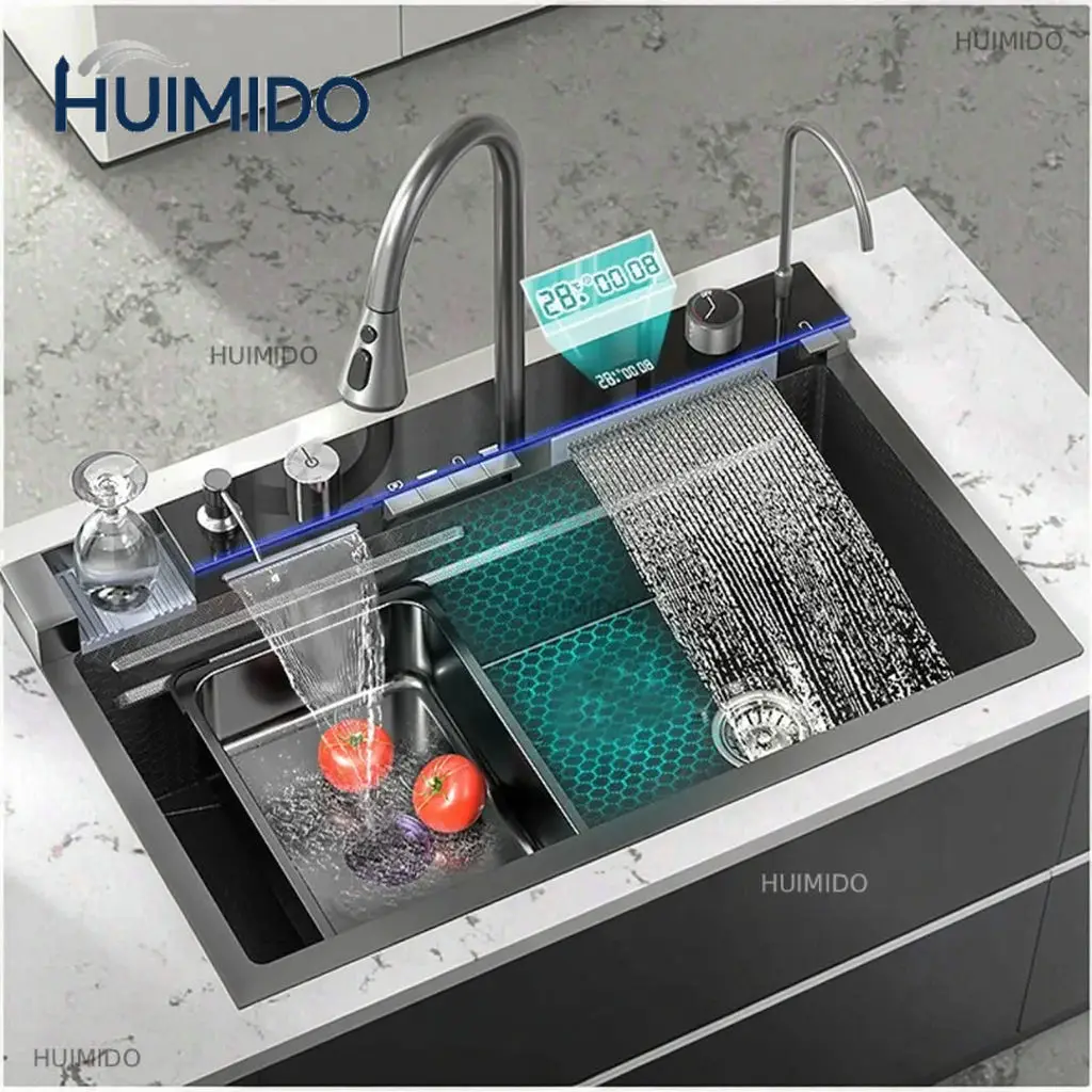 Modern High Quality Stainless Steel Kitchen Sink with Single Bowl Multifunctional Smart Digital Display Waterfall Faucet