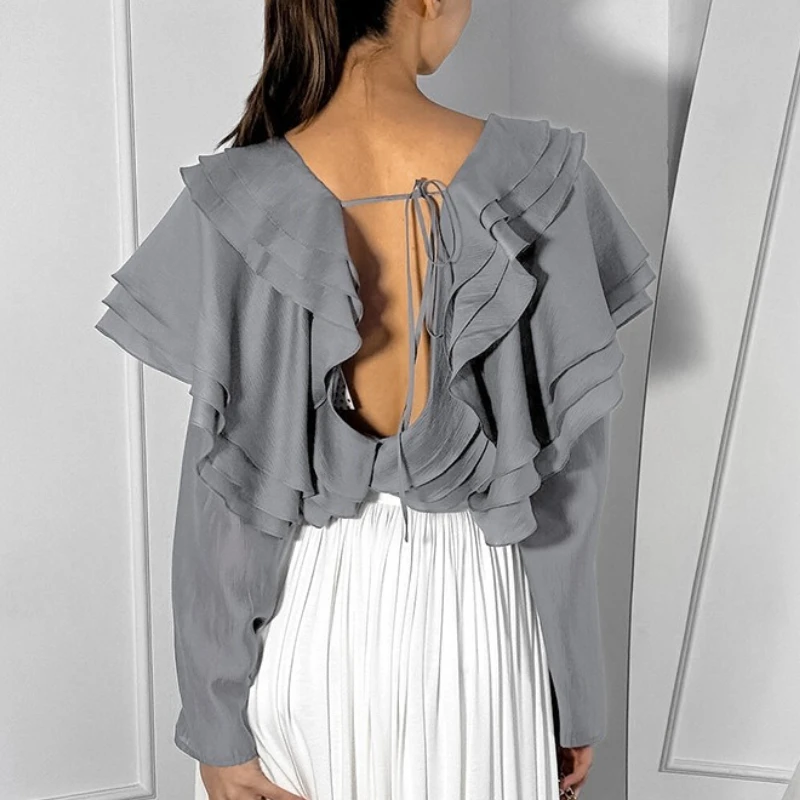 Elegant Chiffon Blouse for Women Fashion Office Lady V-neck Ruffled Backless Tops Casual Long Sleeve Shirt Female Clothing