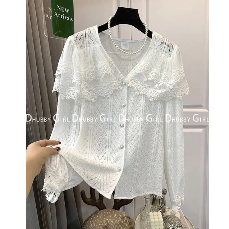 

Lace Design Sweet Fairy Cute Shirt Women 2023 Summer Tees Long Sleeve Korean Fashion Chic Ladies Short