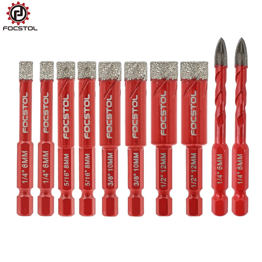 

FOCSTOL Diamond Drill Core Bit 10pcs Hole Saw Drill Bit for Ceramic Marble Tile Granite Carbide Drill Bits HEX Shank Hole Saw