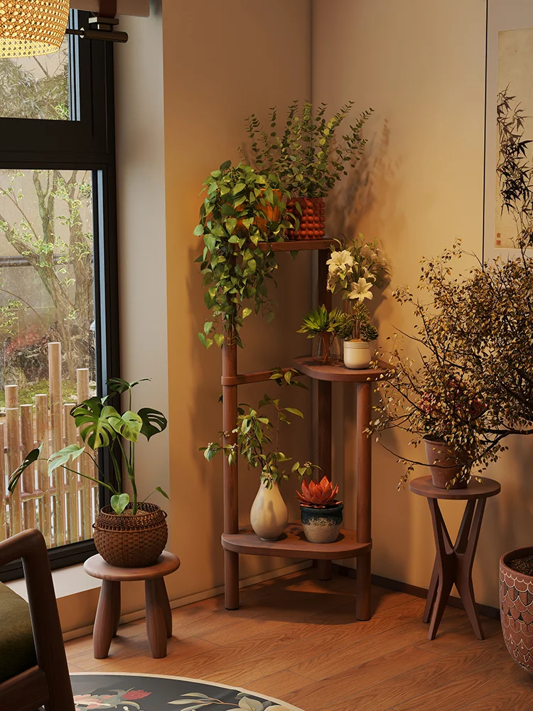 

Solid wood flower stand Floor rack, living room balcony retro multi-layer flower stand, home bedroom balcony potted flower pot