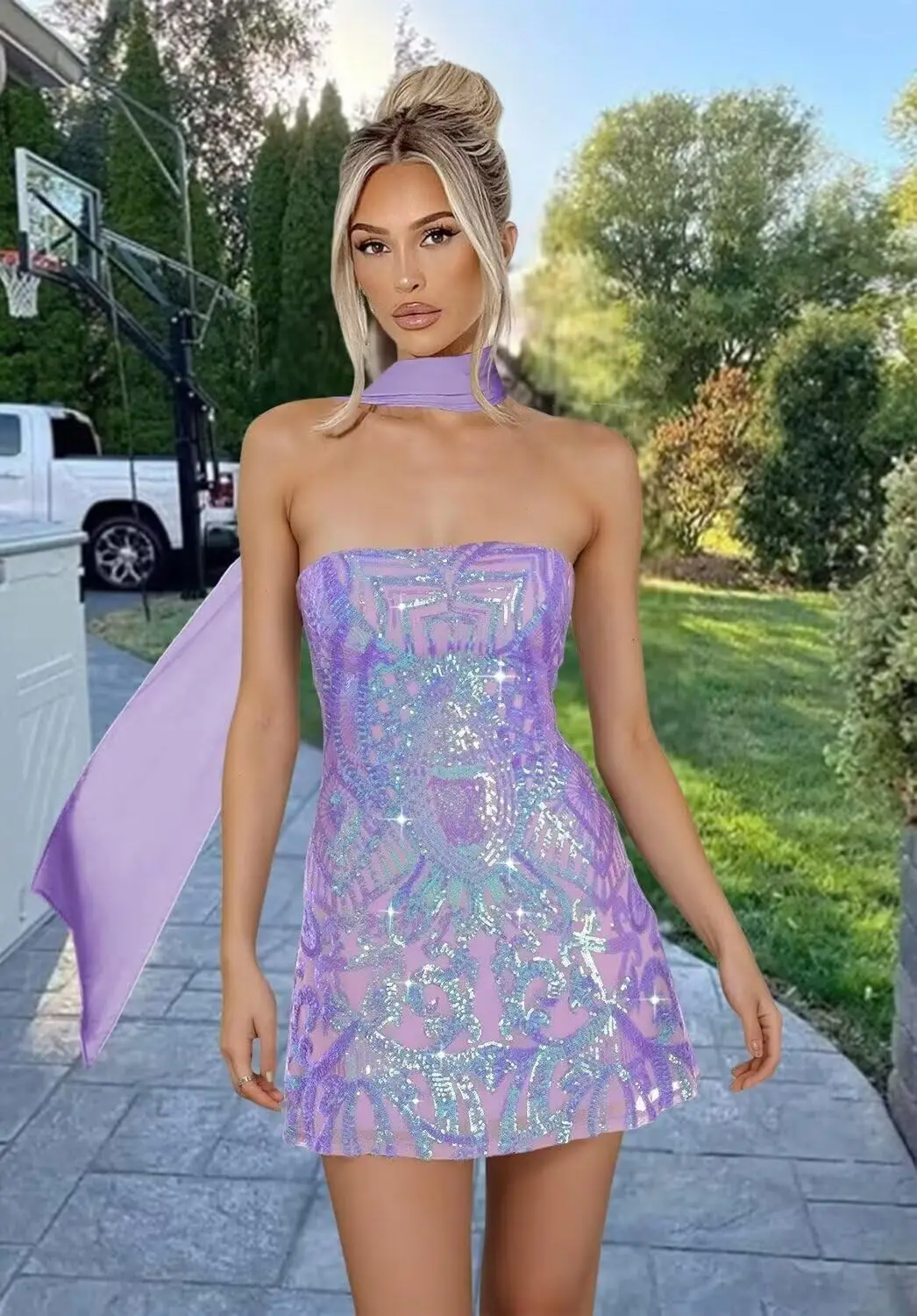 

Mini Sexy Sparkly Sequin Short Homecoming Dresses with Scarf 2026 Strapless Tight Mini Cocktail Party Dress Graduation Dress