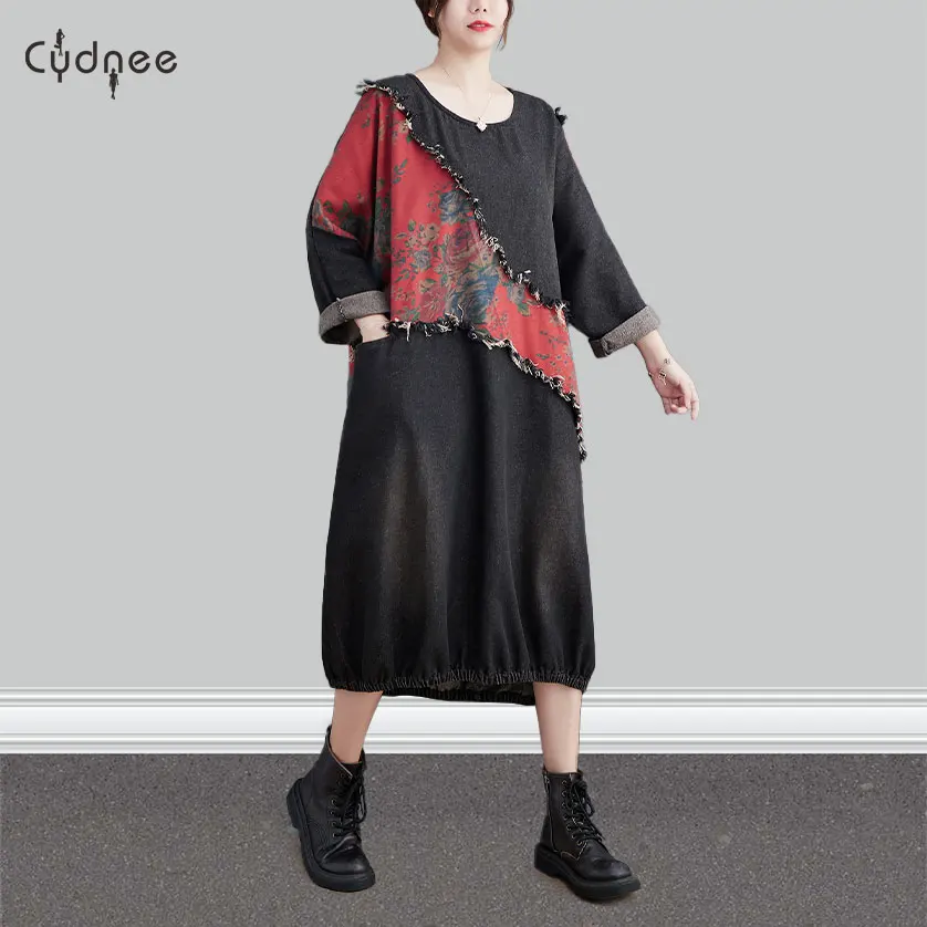 New Spring Fall Winter Ethnic Style Plus Size Oversize Cocoon Silhouette Long Sleeve Denim Dress