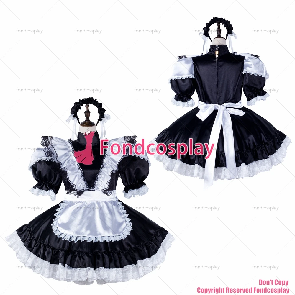 fondcosplay adult sexy cross dressing sissy maid short black satin dress lockable white apron Uniform costume CD/TV[G2334]