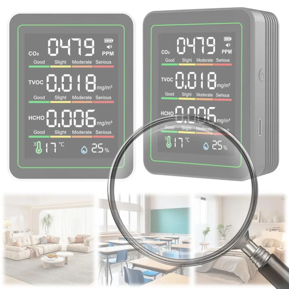 

Многофункциональный измеритель качества воздуха 5-в-1 с Wi-Fi, ЖК-дисплеем, детектором температуры и влажности, тестером CO2, TVOC, HCHO для дома и офиса