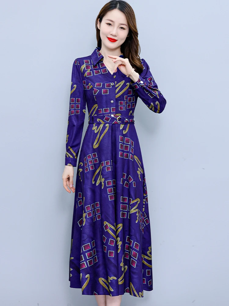 Vintage Print Evening Dress for Women 2024 Office Lady Polo Collar Shirt Dress Autumn Winter Elegant Bodycon Party Long Vestidos