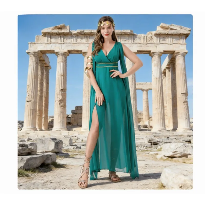 

Halloween Cosplay Costume Medieval Goddess Green Sleeveless Long Dress Carnival Theme Party Role Playing Outfits for Adult