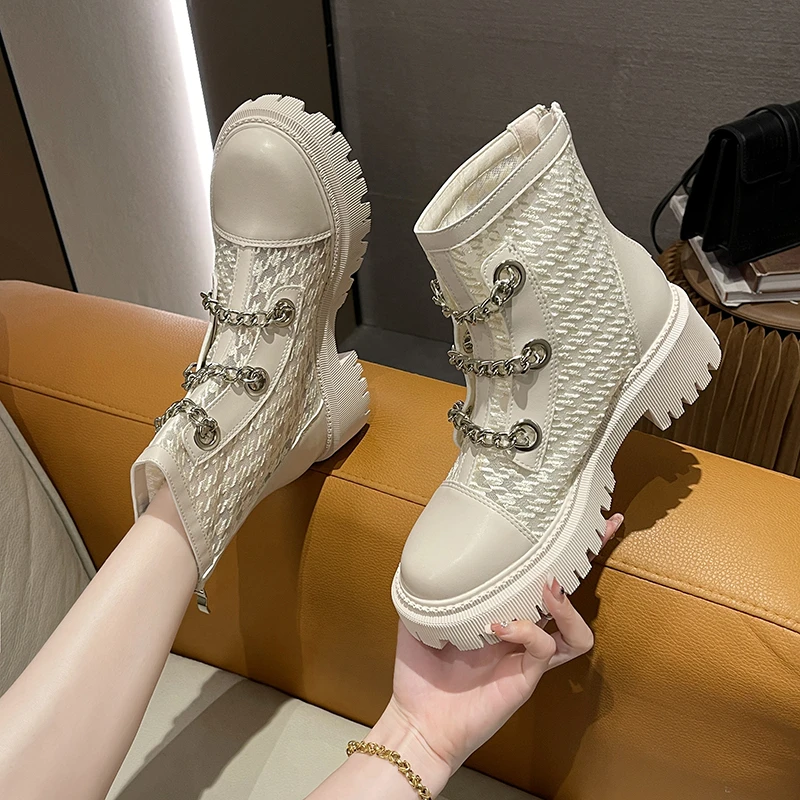 Luxury New Women Boots Fashion Platform Boots Pearl Chain Casual Women Boots Chunky Boots  Women Riding Boots