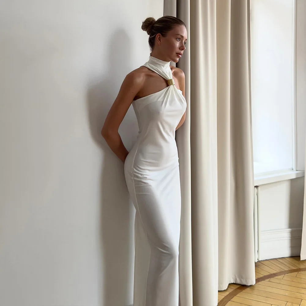 XIAOTANG Gold Ring Turtleneck Maxi Tank Dress Women Summer New Slim Fit Female Dress Sleeveless Back Split Bodycon Long Dress