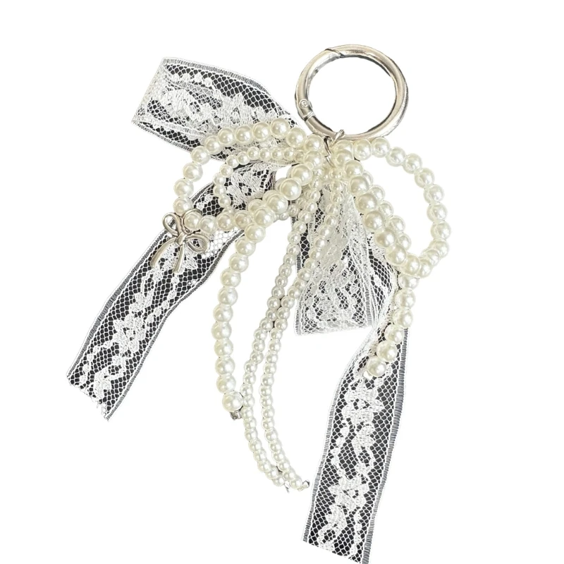 Bowknot Hanging Charm Imitation Pearls Beaded Bowtie Pendant Keychain Butterfly Knot Key Chain Jewelry for Women Girls