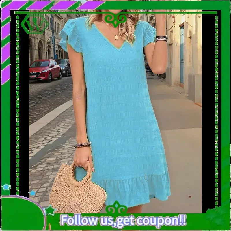 A18P-Summer Dresses For Women V Neck Cap Sleeve Ruffle Hem Smock Short Dress