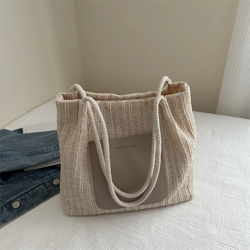 

2025 Summer Straw Tote Bag for Women Large Capacity Woven Shoulder Bag High-End Textured Commuter Purse Niche Beach Bag