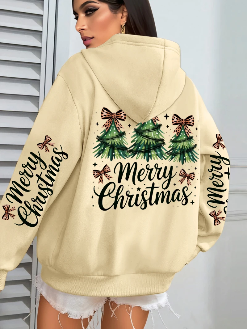 เสื้อฮู้ดผู้หญิงลายต้นคริสต์มาส ผ้าฟลีซ สไตล์ลำลอง ใส่สบาย มีกระเป๋า ทรงโอเวอร์ไซส์ สำหรับฤดูใบไม้ร่วง สไตล์ Y2K