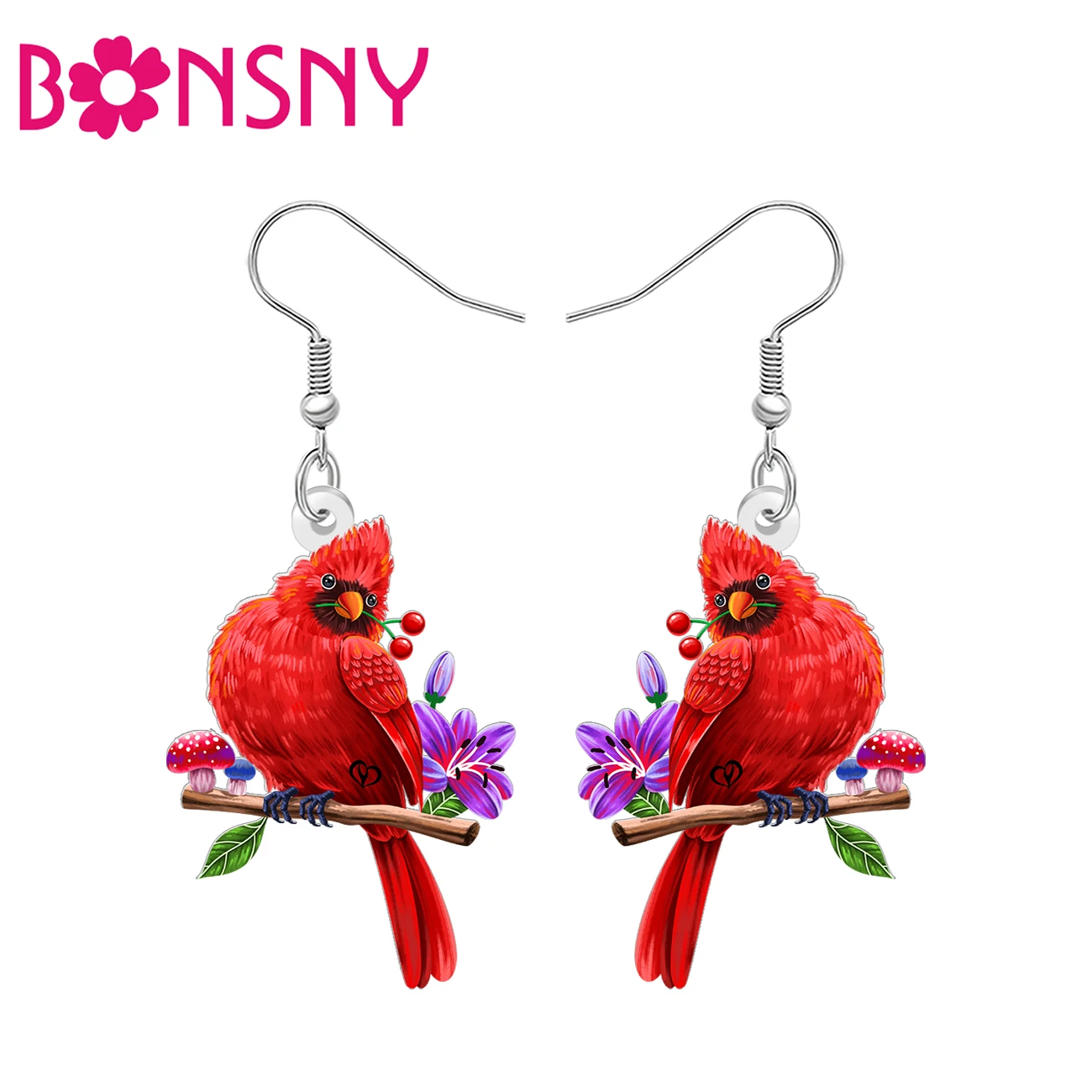 BONSNY Acrylic Northern Cardinal Gifts Bird Earrings Flowers Red Birds Animals Spring Garden Jewelry For Women Nature Lovers