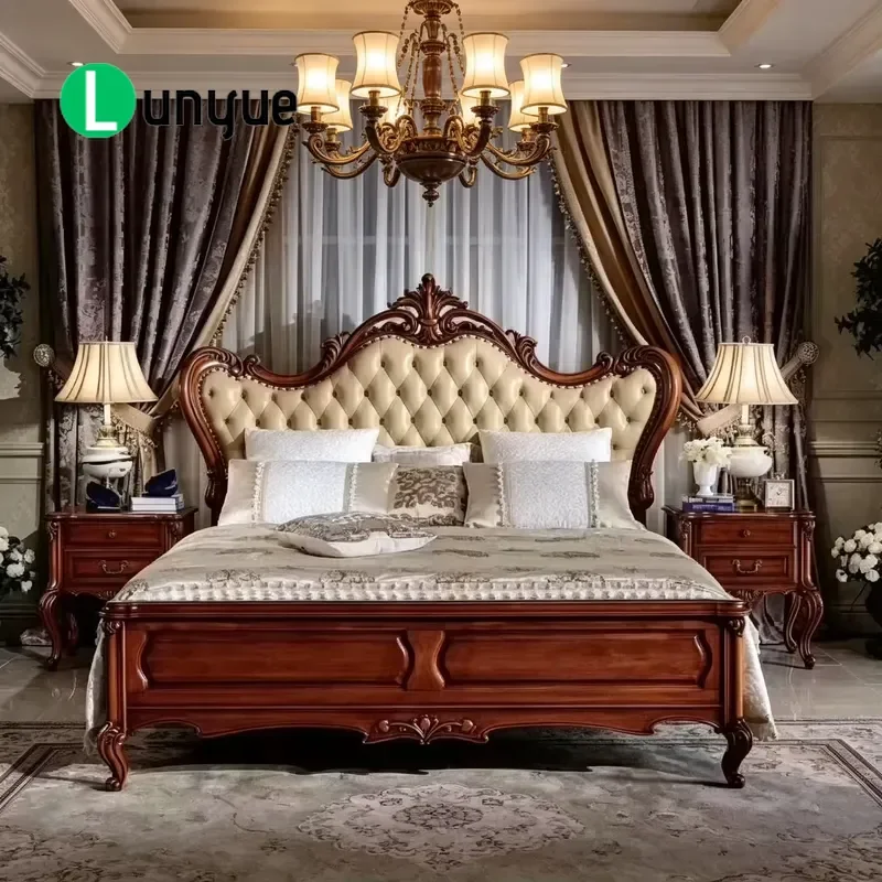 King Size European Solid Wood Bed with Champagne Button Tufted Leather High Headboard Luxury Bedroom Furniture Set for Hotels