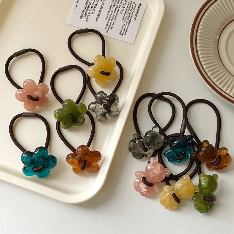 

6Pcs Elastic Plastic Flower Scrunchies Women Bow Hair Band Bear Hair Ties High Horsetail Hair Rope Hair Rubber Bands Hair ZX07