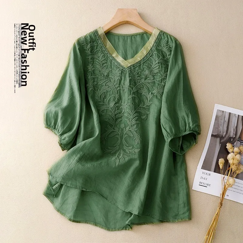 تي شيرت نسائي صيفي مطرز من القطن والكتان ort Sve تي شيرت نسائي صيفي أنيق irt قميص صغير جميل للتنقل Sle V-Ne