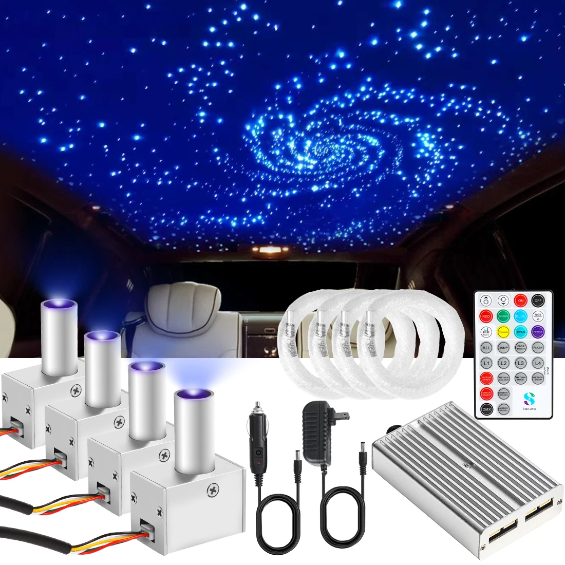 16W 4-Head Starry Sky Lamp Split Machine 1200pcs Fiber Optic RGBW Meteor Headliner Car Roof Starlight  APP/RF Remote Music Mode