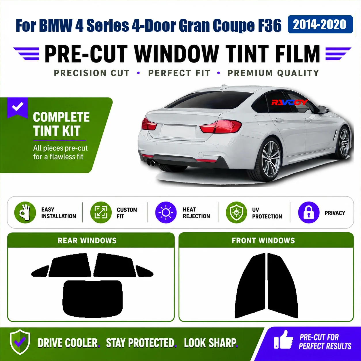 For BMW 4 Series 4-Door Gran Coupe F36 2014-2020 Custom Fit Full Set Window Sun Shade Film Precut Glass Kit