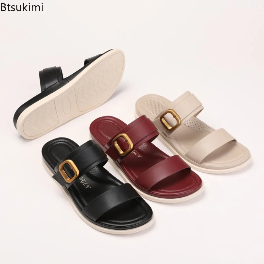 New 2025 Summer Women's Flat Sandals Detail Casual Thi Heel Metal Jewelry Slippers Comfortable Faionable Casual Sandals Females