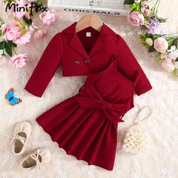 MiniFox 2 Pieces Suit Sets For Baby Girls Lapel Blazer Coat and Belted Wine Dress Kids Party Baby Clothes Girls Outfits Sets