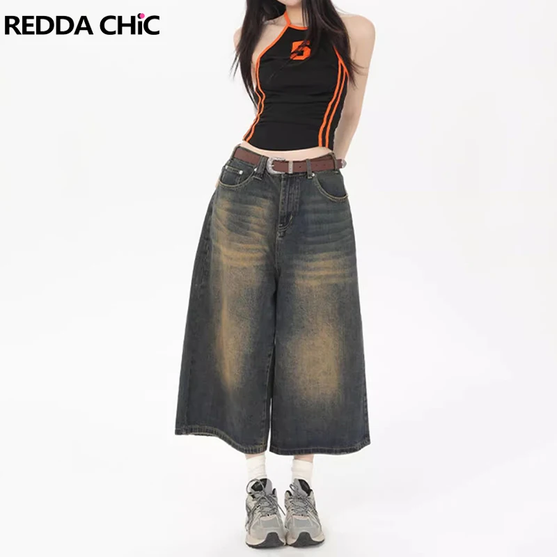 

ReddaChic 90s Retro Skater Women Denim Shorts Summer Casual Jorts Whiskers Distressed Wide Leg Pants Plus Size Y2k Streetwear