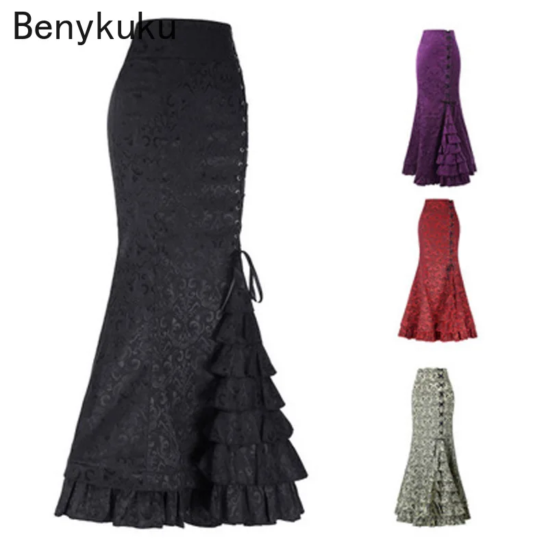 

Vintage Women Trumpet Mermaid Skirts Gothic Long Steampunk Skirt High Waist Maxi Fishtail Victorian Ladies Retro Bandage Skirt