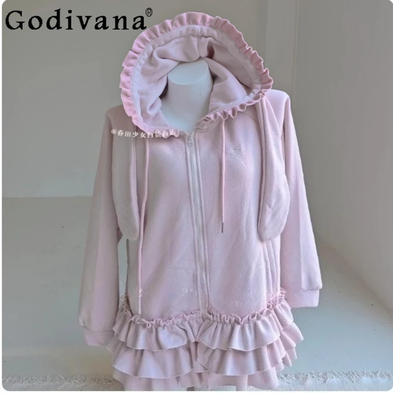 

Spring Autumn Sweet Lolita Ruffles Eared Rabbit Loose Hooded Sweater Dress Long Sleeve Fleece Cute Girl Age Reduction Slim Top