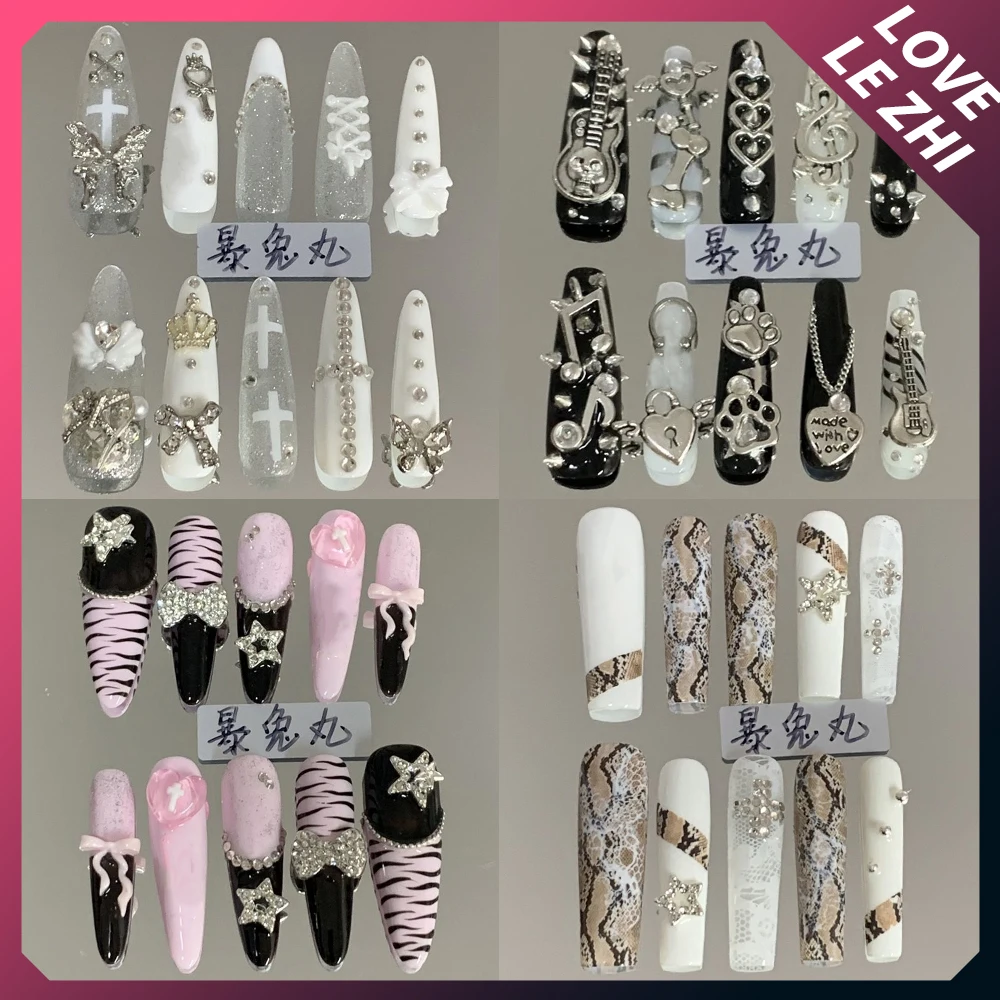 

Y2K Spicy Girl Long Stiletto Coffin Handmade Press On Nails Metal Style Chain Diamond Butterfly Flowers Full Cover False Nails