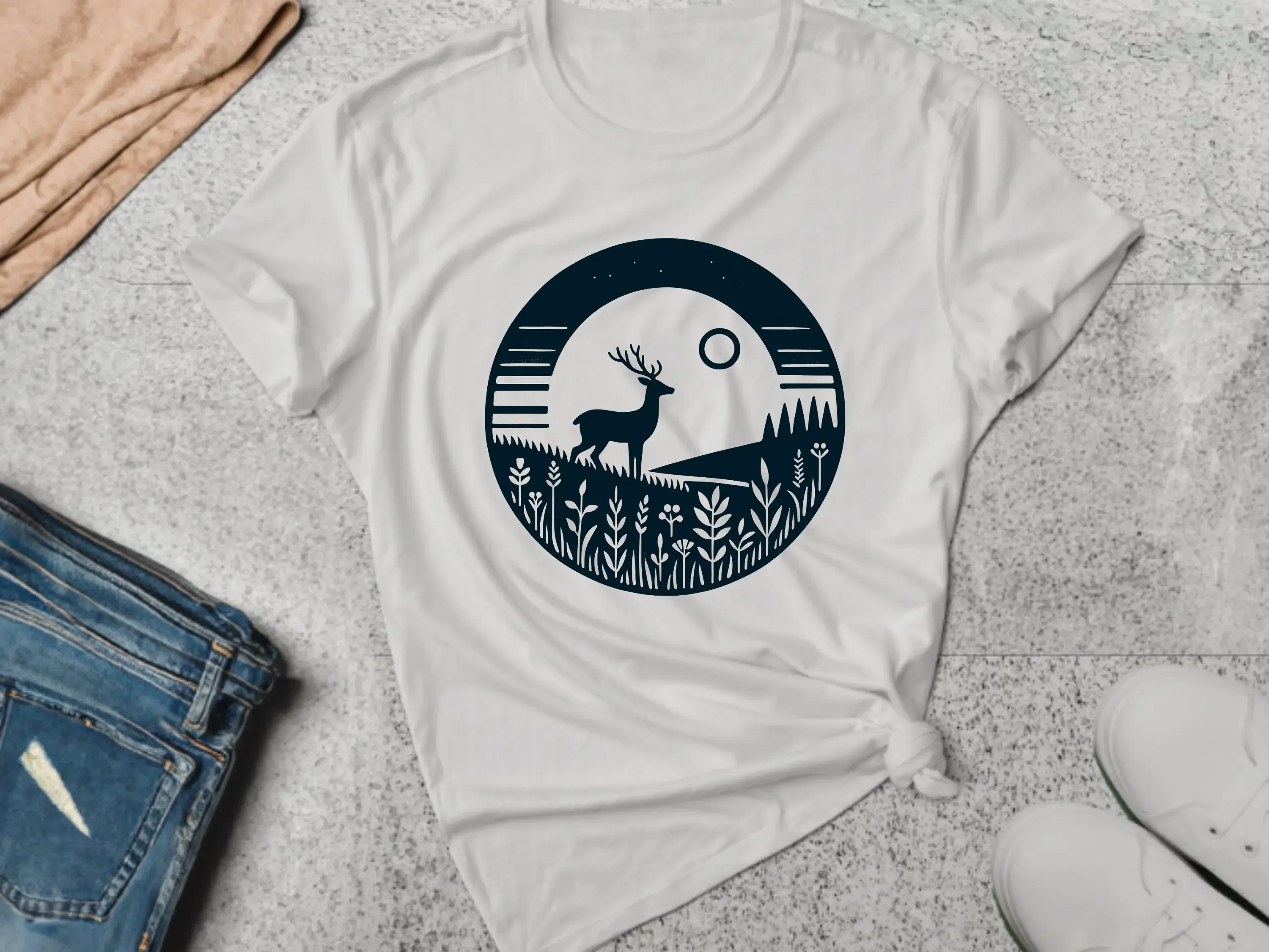 Camping T Shirt Deer Outdoor Nature Lover Meadow Hiking